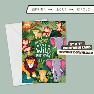 Carte de voeux d'anniversaire avec animaux de safari pour enfants en téléchargement numérique Carte d'anniversaire pour enfants dans la jungle mignonne en téléchargement immédiat Carte d'anniversaire imprimable
