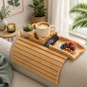 Op de afbeelding: Een flexibel bamboe bankarmleuningblad met een latjesontwerp. Het is voorzien van een ingebouwde houder voor een keramische mok, een gleuf voor een afstandsbediening en een rond gedeelte voor een vetplant en een schaaltje met bessen en noten.