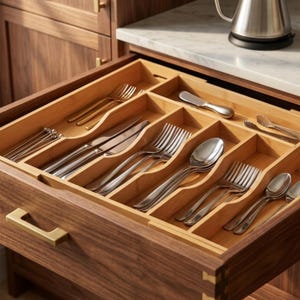 Könnte beinhalten: Eine Holzschublade mit einem Bambus-Besteck-Organizer, gefüllt mit Silberbesteck. Die Schublade enthält Gabeln, Messer, Löffel und Servierutensilien. Die Schublade ist geöffnet und zeigt den Inhalt.