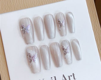 Cat eye butterfly press on nails, shiny cat eye nails, fake nail patches, soft nails, bridal wedding nails
