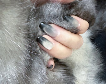 Gradient Black Crystals Cat's Eye Press On Nails, Falsche Nägel, Tragbare Nägel, Glitzer Nägel, Handgemachte Nägel