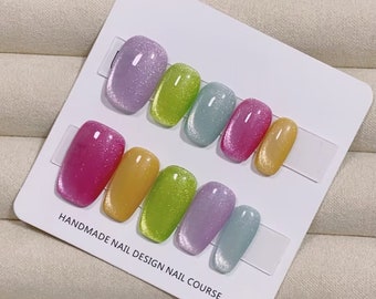 Regenbogen Katzenaugen-Nägel, Neon Ombre Fake-Nägel, Glitzer-Acryl-Nägel, süßes auffälliges Design, Geschenk für Frauen