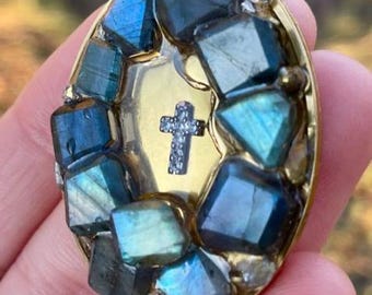 Labradorit Edelsteine Christliches Kreuz Vergoldeter Anhänger