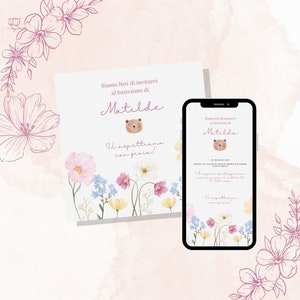Invito battesimo floreale modificabile Modello di invito per festa di battesimo di fiori e orsetto Invito di fiori di battesimo per bambina