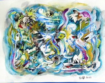 2022 Original Abstract Expressionist Painting Mixed Media Oil and watercolor "Lullabies and Lures" Billette