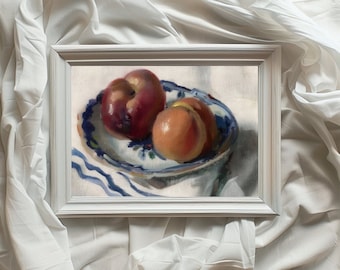 Pintura de naturaleza muerta imprimible / Obra de arte horizontal vintage / Frutas / Duraznos / Colorida / Obra de arte de cocina / Descarga instantánea / VA9