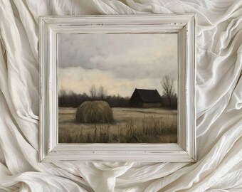 Rustikale Scheunenlandschaft/ Ölbild/ Druckbare digitale Kunst/ Wandkunst/ Minimalistisches Dekor/ Zart Grau- und Erdtöne/ VA124