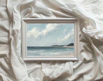 Pintura de paisaje marino imprimible/Obra de arte horizontal vintage/Mar/Olas/Diseño de interiores/Playa/Pintura al óleo/Descarga instantánea/VA19