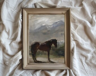 Pintura al óleo de montañas para imprimir/Obra de arte vertical vintage/Tranquilidad/Caballo marrón/Diseño de interiores para habitaciones de niños/Rústico/Descarga instantánea/VA14