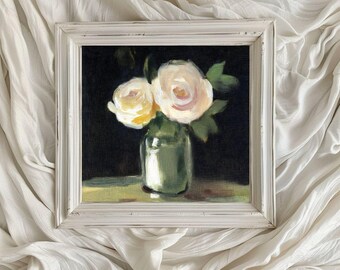 Romantisches quadratisches Blumenkunstwerk / zeitloses Rosen-Ölgemälde / druckbare digitale Kunst / minimalistische Blumenwandkunst / Stillleben / Sanfte Töne / VA125