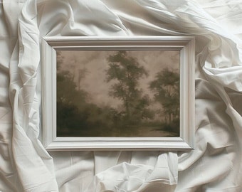 Cuadro de estilo verdoso y melancólico imprimible/Obra de arte horizontal vintage/Árboles/Lago/Bosque/Obra de arte rústica/Descarga instantánea/VA11