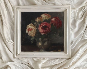 Stimmungsvolles quadratisches Blumenkunstwerk / zeitloses Rosen-Ölgemälde / druckbare digitale Kunst / klassische Blume / dunkelromantisches Stillleben Kunst / VA134