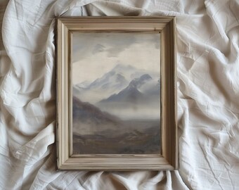 Pintura al óleo de montañas para imprimir/Obra de arte vertical vintage/Tranquilidad/Diseño de interiores/Rústico/Descarga instantánea/VA12