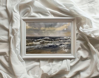 Pintura al óleo de paisaje marino imprimible/Obra de arte horizontal vintage/Olas melancólicas/Diseño de interiores/Rústico/Descarga instantánea/VA17