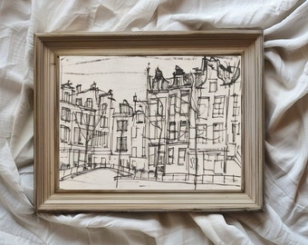 Landschaft Malerei/ Vintage horizontale Malerei/ Skizze/ Landschaft amsterdam/ Modern/ Interior Design/ Häuser/ weiß schwarz/ sofort download/ VA41