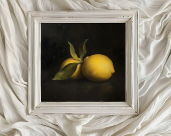 Klassische Zitrone Stillleben Kunstdruck/ Quadratische Malerei Zeitlose Malerei/ Druckbare digitale Kunst/ Stimmungsvolles Dunkles Zitrus Kunstwerk/ VA136