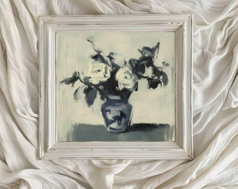 Abstraktes Blumenstilleben-quadratisches Kunstwerk / Rustikale Blumenmalerei / Druckbare digitale Kunst / Stillleben Kunst / Weiche launische Töne / VA132