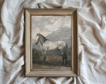 Pintura al óleo de montañas para imprimir/Obra de arte vertical vintage/Tranquilidad/Caballo blanco/Diseño de interiores para habitaciones de niños/Rústico/Descarga instantánea/VA13
