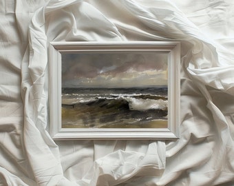 Pintura al óleo de paisaje marino imprimible/Obra de arte horizontal vintage/Olas melancólicas/Diseño de interiores/Rústico/Descarga instantánea/VA16