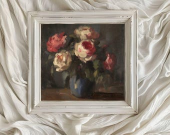 Stimmungsvolles quadratisches Blumenkunstwerk / zeitlose Rosen-Ölgemälde / druckbare digitale Kunst / klassische Blume / romantische Stilllebenkunst / Sanfte Töne / VA127