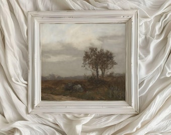 Landschaftsmalerei Landschaft/ Ölmalerei/ Druckbare digitale Kunst/ Wandbild/ Einsamer Baum/ Landschaft/ Quadratische Kunst/ Gedämpfte Töne/ VA93