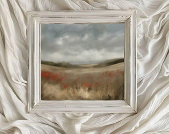 Goldene und rote Felder Landschaft/ Ölgemälde/ Druckbare digitale Kunst/ Wandkunst/ Minimalistisches Dekor/ Weiche Rot- und Erdtöne/ VA123