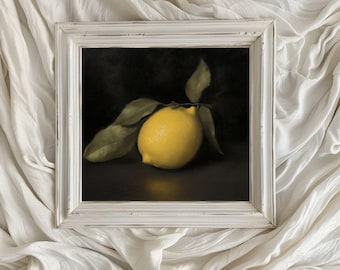 Elegantes Stillleben Zitrone Malerei/ Ölgemälde/ Druckbare digitale Kunst/ Kunst auf einem dunklen Hintergrund/ Quadratische Kunst/ VA92