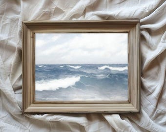 Ocean Waves Meerlandschaft / Ölgemälde / Druckbare digitale Kunst / Wandbild / Blaue und weiße Töne / Küsten Dekor / Horizontales Kunstwerk / VA111