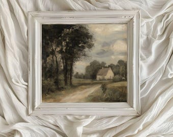 Rustikales Landschafts Ölgemälde/ Druckbare digitale Kunst/ Wand Kunst/ Cottage Szene/ Weg auf dem Land/ Quadratische Wohndekoration/ Weiche Pinselstriche/ VA94
