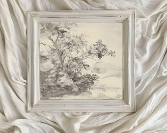 Baum Illustration quadratisches Kunstwerk / zeitlose Malerei/ druckbare digitale Kunst/ weiß und schwarz/ abstrakte Landschaftskunst/ VA137