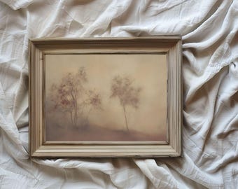Paisaje otoñal suave/Pintura al óleo/Arte digital imprimible/Arte mural/Árboles brumosos/Tonos beige cálidos/Obra de arte horizontal/Decoración serena/VA103