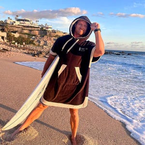 Black and Gray Changing Robe | Hooded Outdoor Towel | Surf Hoodie Swim Parka | Thick 100% Terry Fabric Gift Unisex for Friends