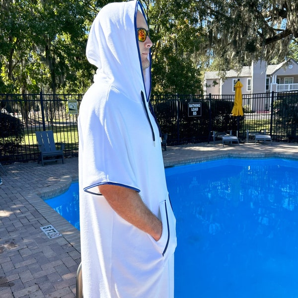 Towel Poncho Robe Hooded (White with Navy Trimming) Thick & Cozy - camping, swimming coverup, for surfers, divers, terry cloth microfibre