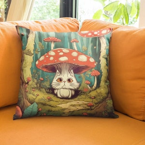 Mushroom Cat Throw Pillow Cottagecore Double Sided Decorative Pillow Silly Cute Home Decor Fun Mushroom Whimsical Couch Pillow Quirky Gift