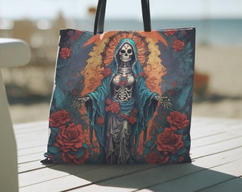 Draagtas Santa Muerte, retro canvas draagtas, spooky schattige draagtas, kleurrijke Trick or Treat-tas, gotische esthetiek, draagtas halloweencadeau