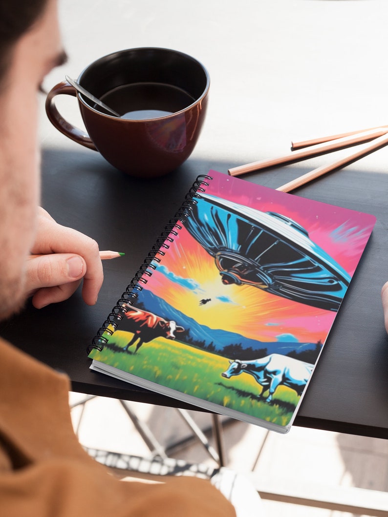 Retro UFO Cow Spiral Notebook, Flying Saucer Art Gift, Lined Notebook