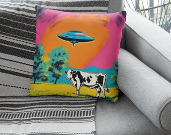 Quirky UFO Cow Pillow Pop Art Inspired Throw Pillow Housewarming Gift Dorm Room Decor For The Conspiracy Theorist With Removable Cover