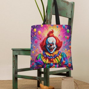 Borsa tote con pagliaccio malvagio, borsa tote in tela retrò anni '90, borsa tote con personaggio horror, borsa colorata per dolcetto o scherzetto, carina estetica goth, regalo di Halloween