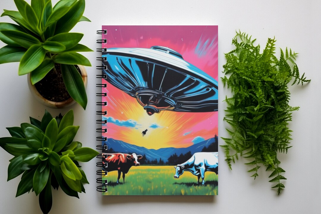 Retro UFO Cow Spiral Notebook, Flying Saucer Art Gift, Lined Notebook ...