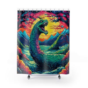 May include: A psychedelic shower curtain featuring a green, blue, and purple sea serpent emerging from a body of water. The serpent has a large, open mouth with sharp teeth. The background is a colorful landscape with mountains and a sunset.