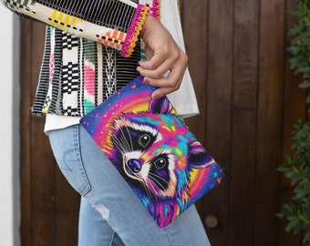 Rainbow Raccoon Zippered Accessory Pouch T-bottom, Travel Makeup Bag, Cosmetic Bag, Cute Pencil Pouch, Travel Pouch, Packing Organization