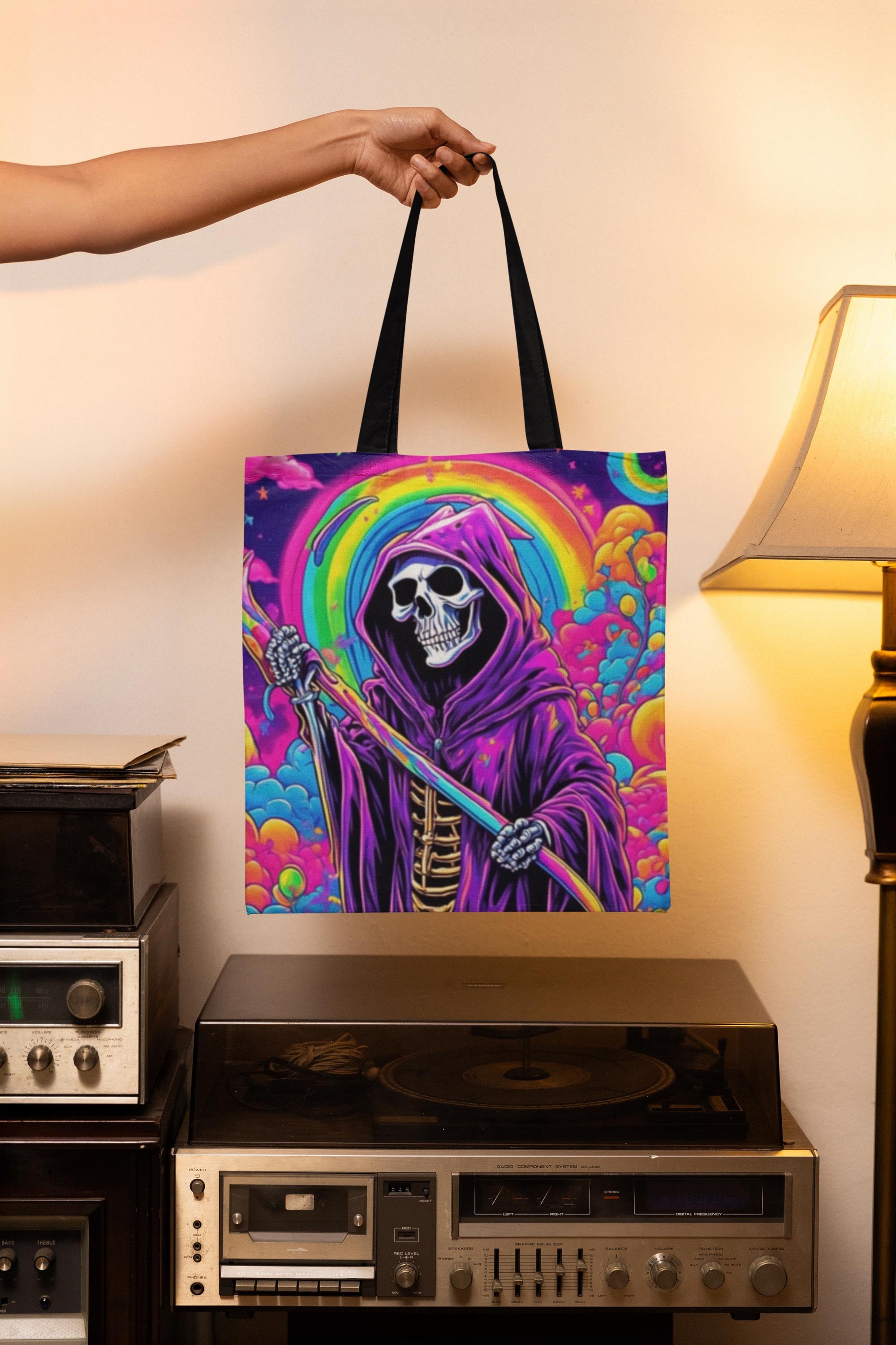 Colorful Grim Reaper Tote, Spooky Season Canvas Tote Bag, 90s Retro Tote Bag, Colorful Trick or Treat Bag, Gothic Aesthetic, Halloween Gift