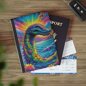 Funda para pasaporte con el monstruo del lago Ness, funda de piel vegana para pasaporte, accesorio de viaje con estilo retro de los años 90, regalo colorido de Cryptid para fanáticos de las conspiraciones