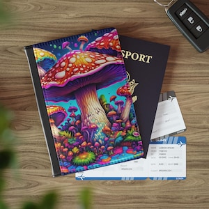 Couverture de passeport champignon arc-en-ciel, porte-passeport en cuir végétalien, accessoire de voyage ambiance rétro des années 90, cadeau trippy coloré pour fan de complot