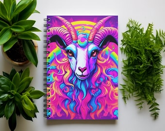 Rainbow Demon Goat Spiral Notebook, Halloween Gift, Quirky Lined Notebook Diary, Goth Journal School Supplies, Colorful Gothic Aesthetic
