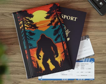 Bigfoot Passport Cover, Vegan Leather Sasquatch Passport Holder Sunset Retro Vibe Travel Accessory, Colorful Cryptid Gift For Conspiracy Fan