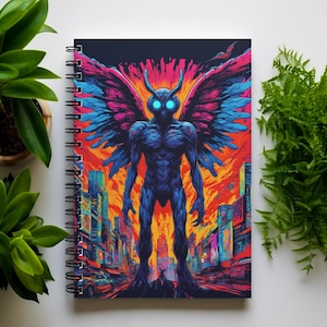 Buntes Mothman Spiralblock Geschenk für Verschwörungsfans, Pop Art Moth Man Tagebuch, helles, schrulliges Mothman Cryptid Journal