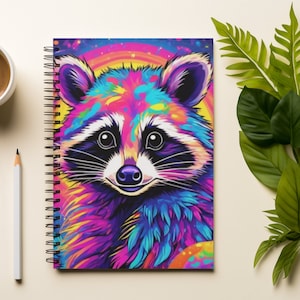 May include: A spiral bound notebook with a colorful illustration of a raccoon on the cover. The raccoon is painted in vibrant shades of pink, blue, green, and yellow. The background is a dark blue with a rainbow-like arc.