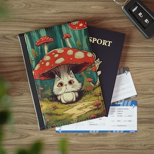 Funda para pasaporte con diseño de gato y hongo, funda de piel vegana para pasaporte, accesorio de viaje con estilo cottagecore, regalo de viaje colorido y psicodélico para amantes de los felinos