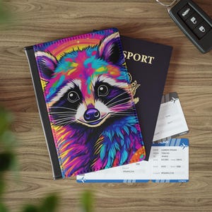 Funda para pasaporte con diseño de mapache arcoíris, funda para pasaporte de piel vegana, accesorio de viaje con estilo retro de los años 90, regalo colorido de panda de la basura para amantes de los animales